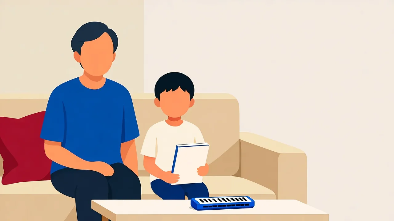 一名成人與一名小學生並排坐在沙發上,小學生拿著一本空白筆記本,茶几上放著一個藍色的錄音器。