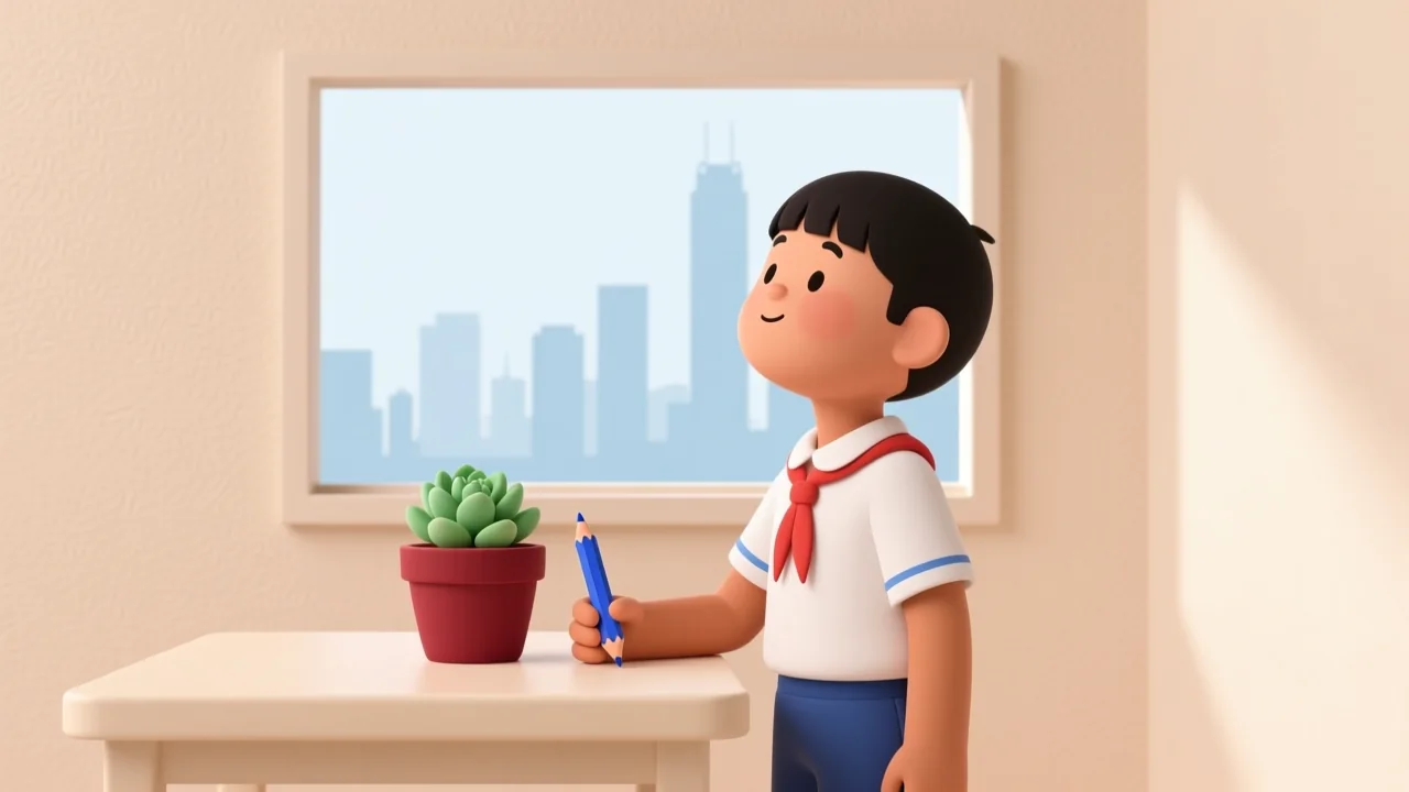 一名穿校服的學生站在桌前,手拿藍色鉛筆,望向窗外的城市景觀;桌上一盆小植物。