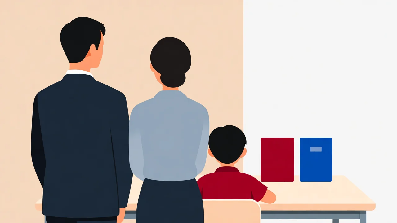 三名簡單的人形背向畫面:兩名成人站着、一名小學生坐着,面前一張淺色桌子上放着一個深紅色文件夾和一個寶藍色文件夾。