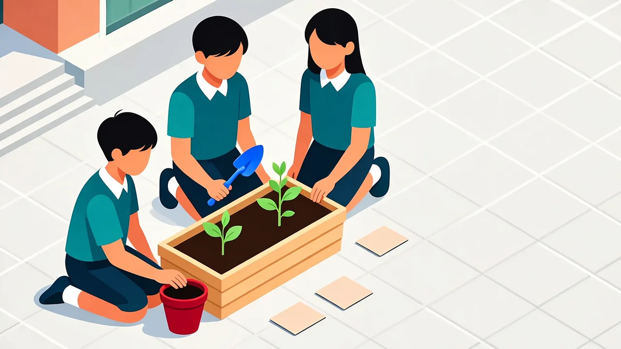 三名學生跪在一個種了幼苗的木製種植箱旁,一人拿著藍色小鏟,另一人扶著一個紅色花盆。